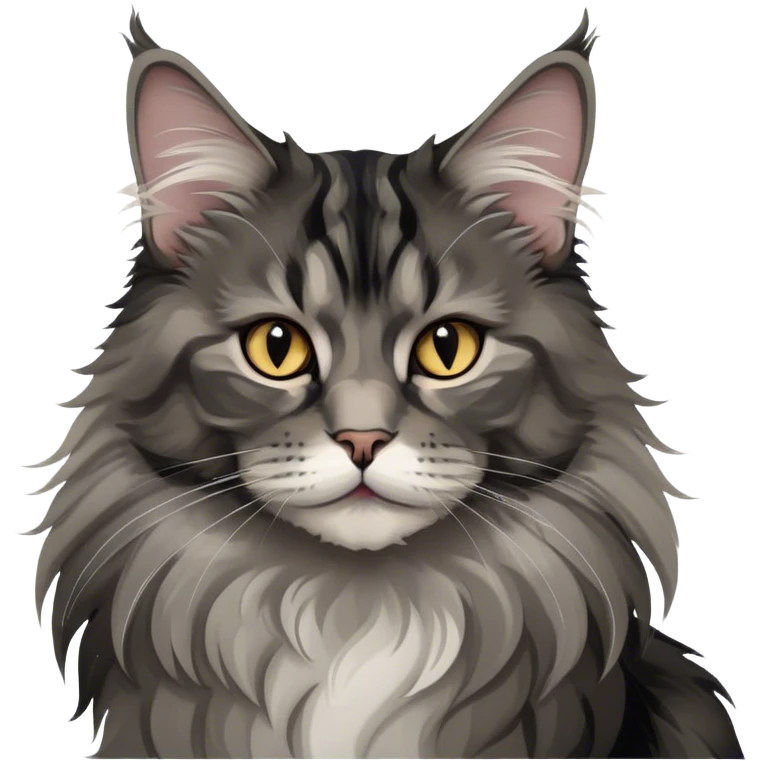 Hobby cats, Maine Coon, black smoke color pattern, fluffy fur, elegant pose, expressive eyes, grey collar, minimalistic, on a white background, no extra details. emoji