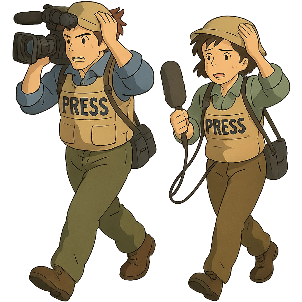  walking from left to right across frame: a cameraman, and a microphone operator, ONLY two people, war correspondents, tense moment, BOTH HOLDING ONTO THEIR HAT! emoji