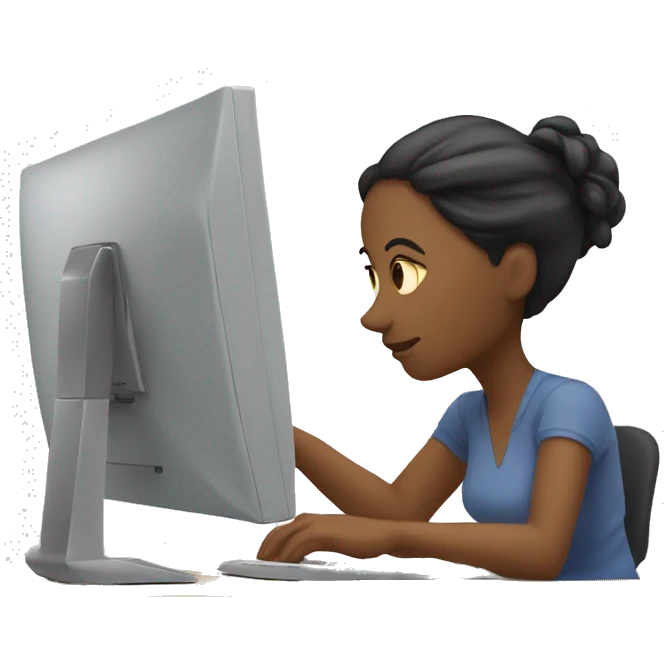 woman hunched over desk with computer emoji