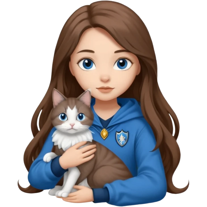 gorgeous Girl with light skin, blue eyes, long brown hair, wears a ravenclaw outfit, with a grey and white cat holding in her arms emoji