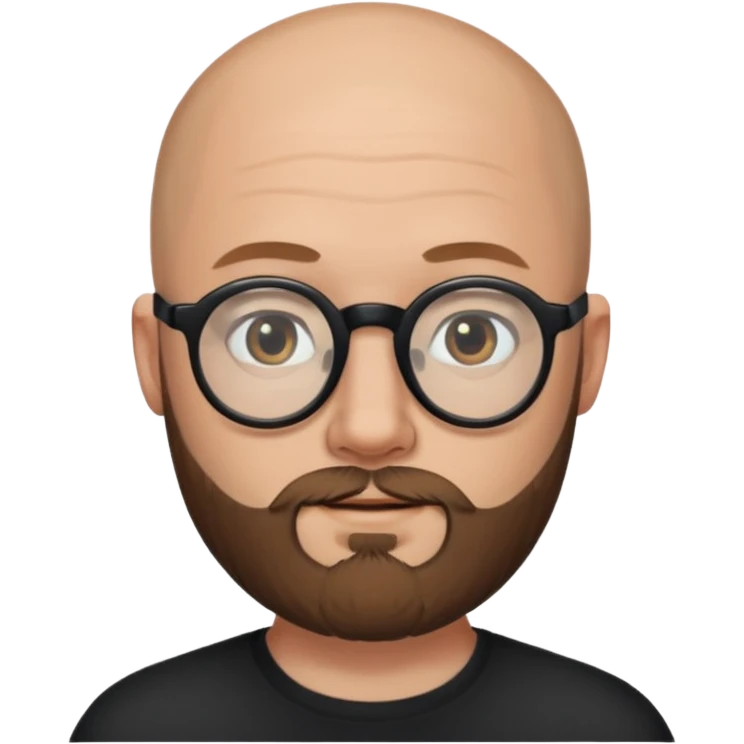 emoji 32-year-old white man, bald with a brown beard, wearing round black glasses emoji