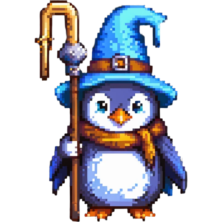 penguin wizard with a staff and wizard hat emoji