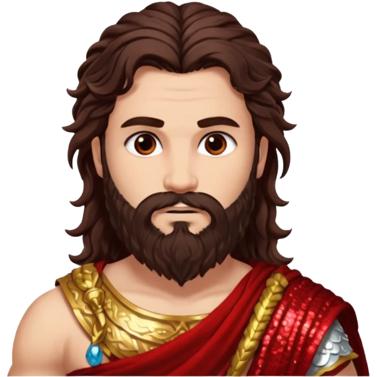 Mars, God of War from Roman Deities with long dark brown wavy hair and beard, deep red sequin toga emoji