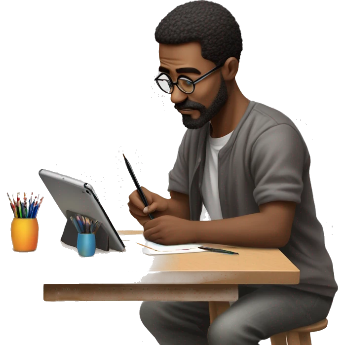 👨‍🎨📱✍️ A creative man is focused, drawing on an iPad with a stylus. He has a look of concentration on his face, using the iPad placed on a table. The background is bright, with art tools like brushes and pencils around him. 🎨 emoji