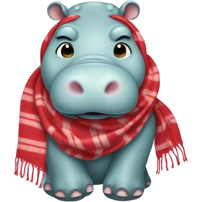 Hippo with a peppermint colored scarf red ears red feet and red hands emoji