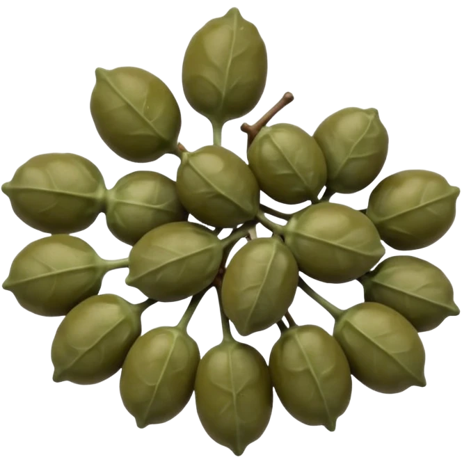cluster of capers, olive green and brownish hues, slightly wrinkled, some with tiny stems, matte to lightly glossy surface, brine-preserved look, no extras, soft lighting, emoji scale emoji