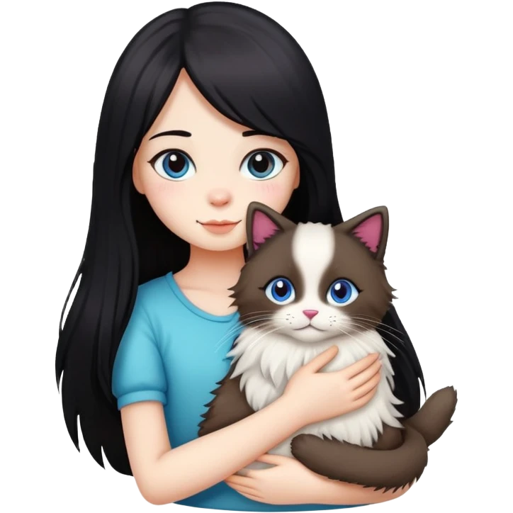 Girl with straight black long hair hugging a colorpoint ragdoll plush toy and a tricolor long-haired cat emoji