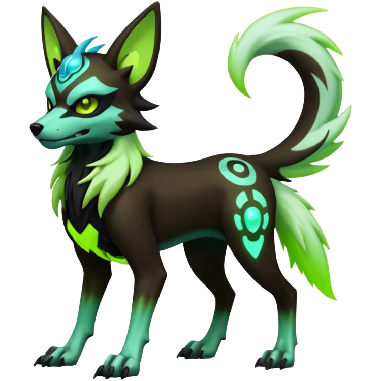 Hyper realistic demonic skeletal black and neon green futuristic shiny colorful bioluminescent cyber-Poochyena-Lycanroc-Zorua-Litten-Houndoom-Fakémon-Pokémon-Digimon-hybrid-fusion (full body) with a skull face emoji