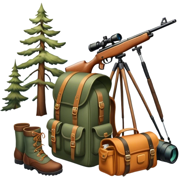 Icon for Hunting Tourism: a hunting rifle, binoculars, and animal tracks in the snow, with a forest background and a hunter’s backpack. The icon should represent the adventure and experience of hunting in nature. Transparent background. emoji