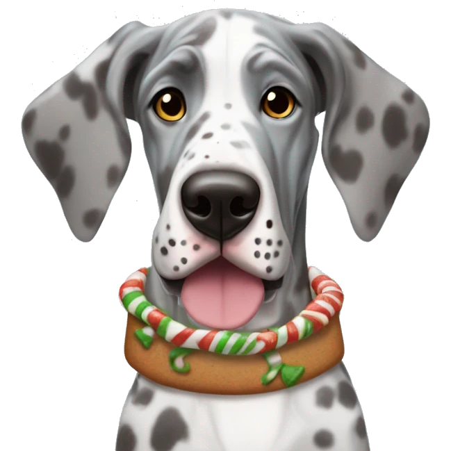 Blue Merle Great Dane dressed as gingerbread man emoji