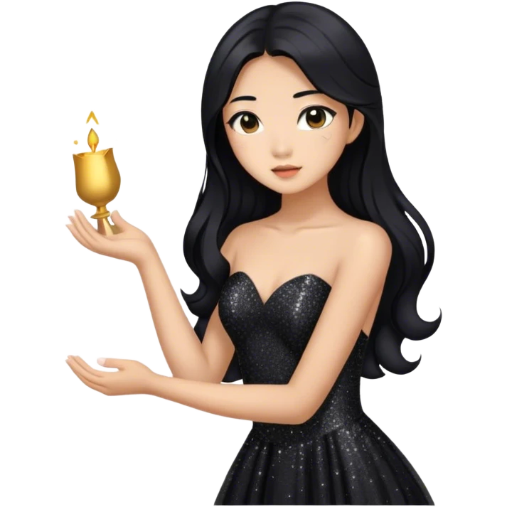 an asian girl with long hair and  black glittery prom dress emoji