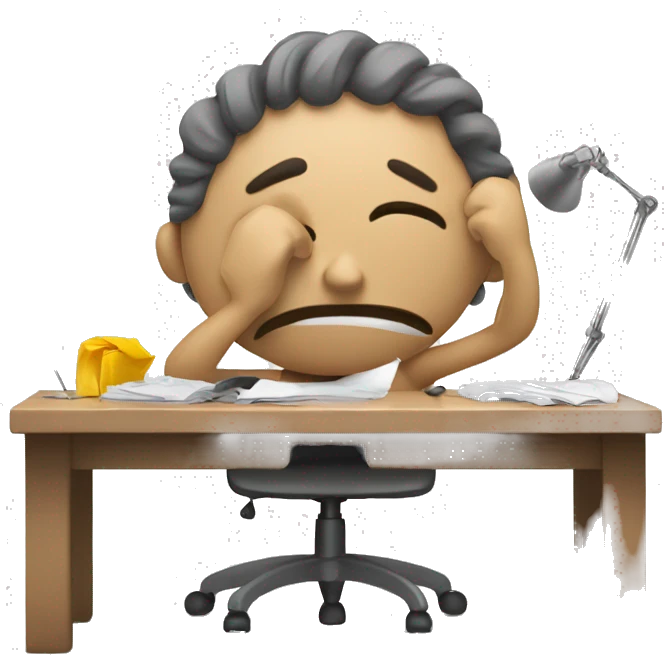 a tired person who works very hard and the chaos and stress are clearly visible emoji