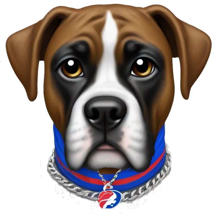 A dog, black boxer, wearing buffalo bills gear necklace  emoji