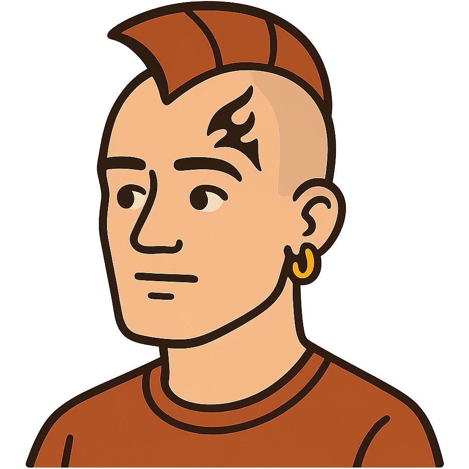 flat toon style head of a white man with mohawk, earring, and head tattoo emoji