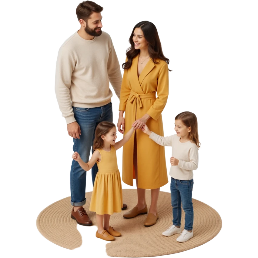 classic family photo with parents and two children standing together, realistic textures, soft lighting, skeuomorphism style emoji