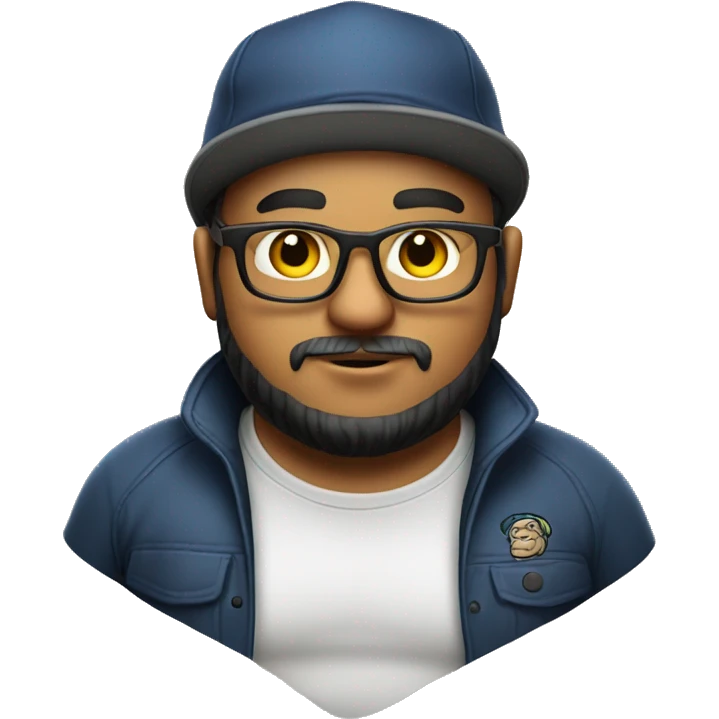 chubby programmer with beard, glasses, yankess hat, airpods with tattoos emoji