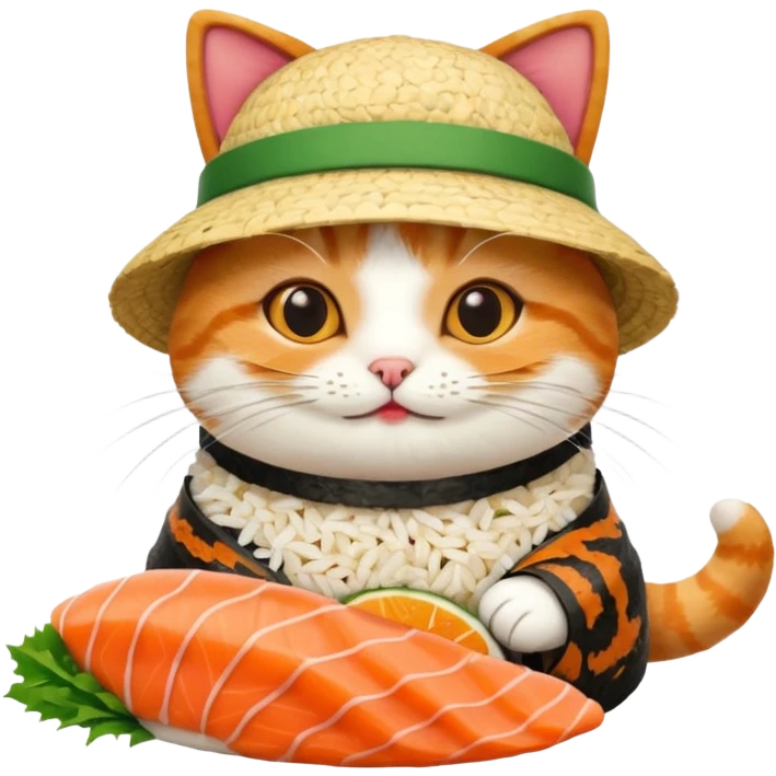 happy cat wearing a hat made out of sushi emoji