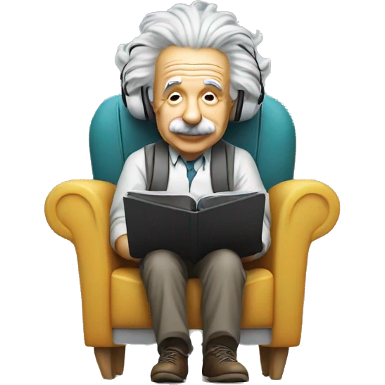 albert einstein happy listening music with wireless headphones while sitting on the chair emoji