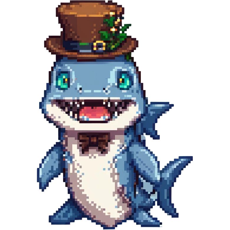 pixel art shark wearing a tophat emoji