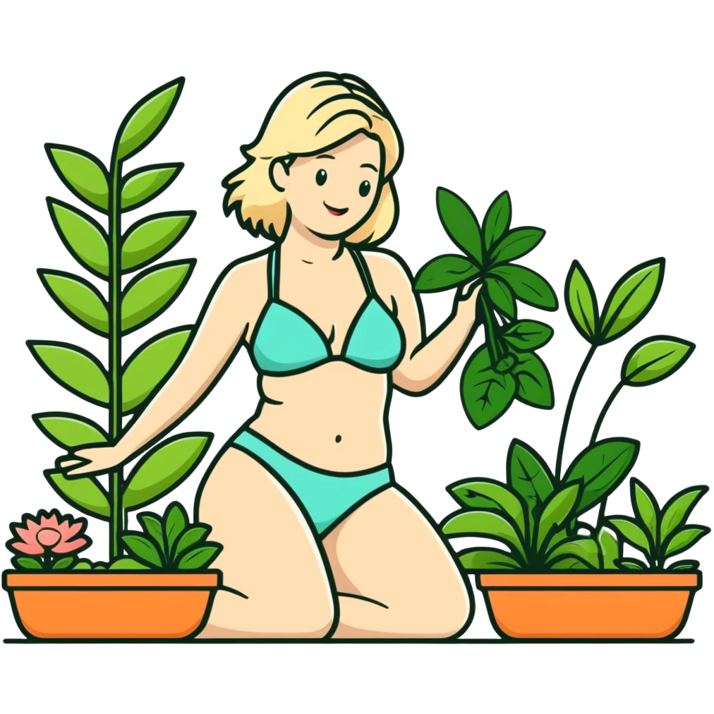 Martha Stewart in bikini gardening with plants emoji