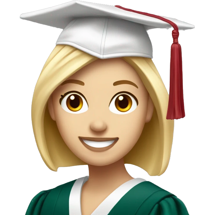 Blonde white girl smiling wearing university of Chicago Loyola grad cap emoji