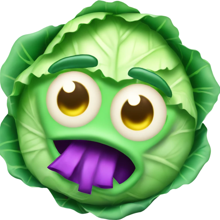 Create 3D color cabbage emoji with mysterious face and big shiny eyes 👀. has two leafy hands, hand holds a small mirror 🪞 emoji