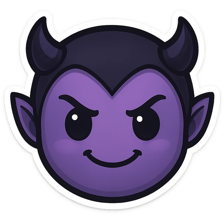 devil emoji in chibi style with gothic palette black and purple, tiny horns, cute but mischievous expression emoji