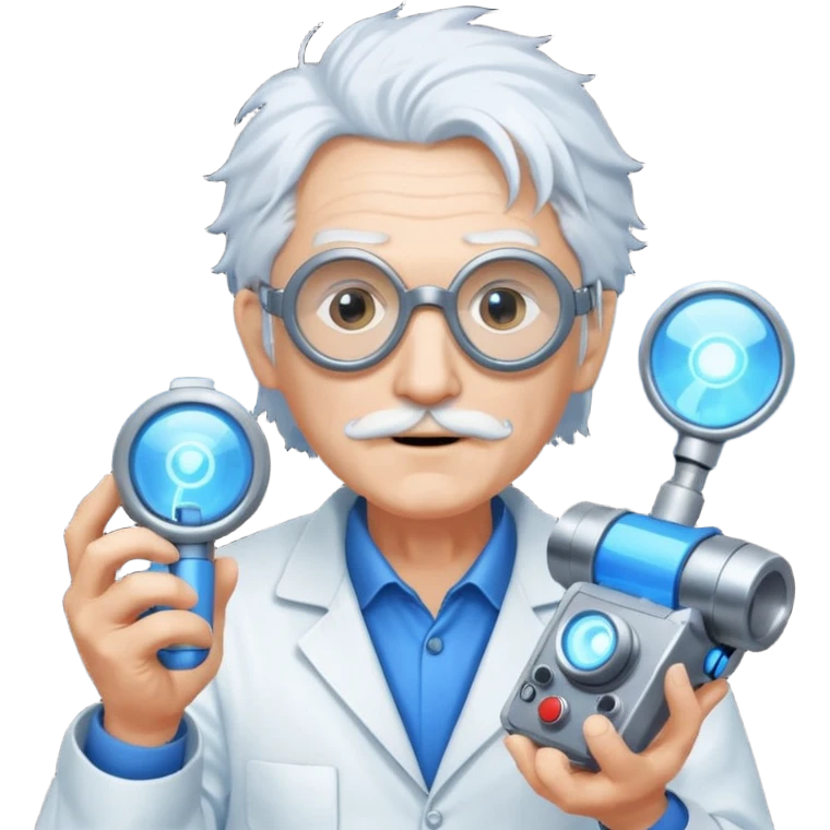A quirky old inventor with wild white hair, goggles, and a glowing gadget in hand.
 emoji