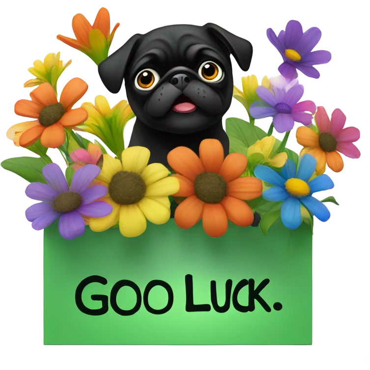 Black pug , surrounded by flowers, holding a green sign that says “good luck”  emoji