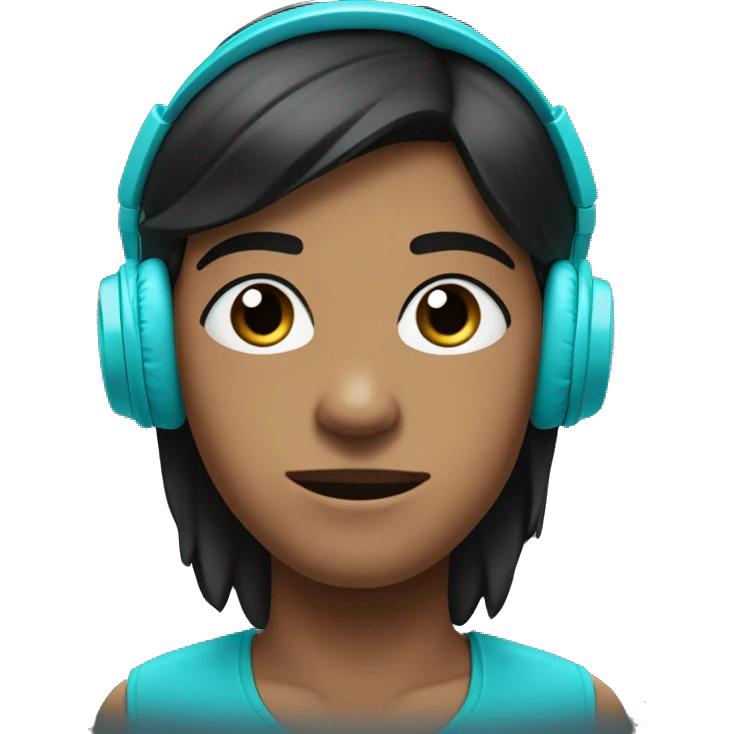 serious face with slightly dark skin wearing cyan headphones, and with black hair pointed upwards. emoji