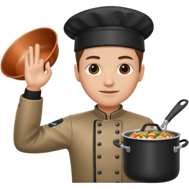 one hand needs to be saluting so right arm saluting , left arm holding cooking item emoji