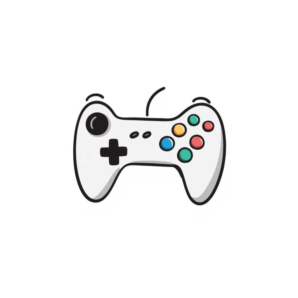 A video game controller/joystick with buttons and D-pad in pastel colors (dd9fb0, ffc6d3, a3bfc9, c4bee2, f1b091), hand-drawn doodle style emoji