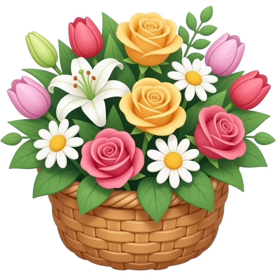 bouquet of different flowers on a basquet chubby and bulky on isometric perspective emoji