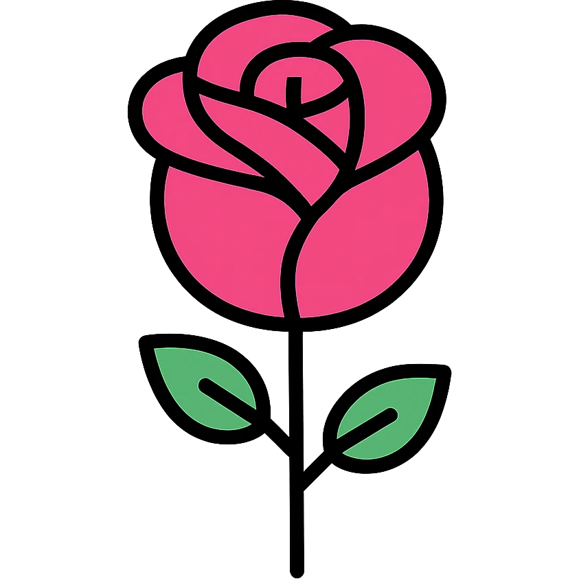 pink rose, color outline icon style, black outlines with pink fill emoji