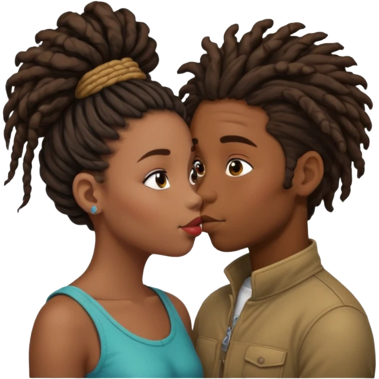 black boy with dreadlock kissing black girl with curly bun emoji
