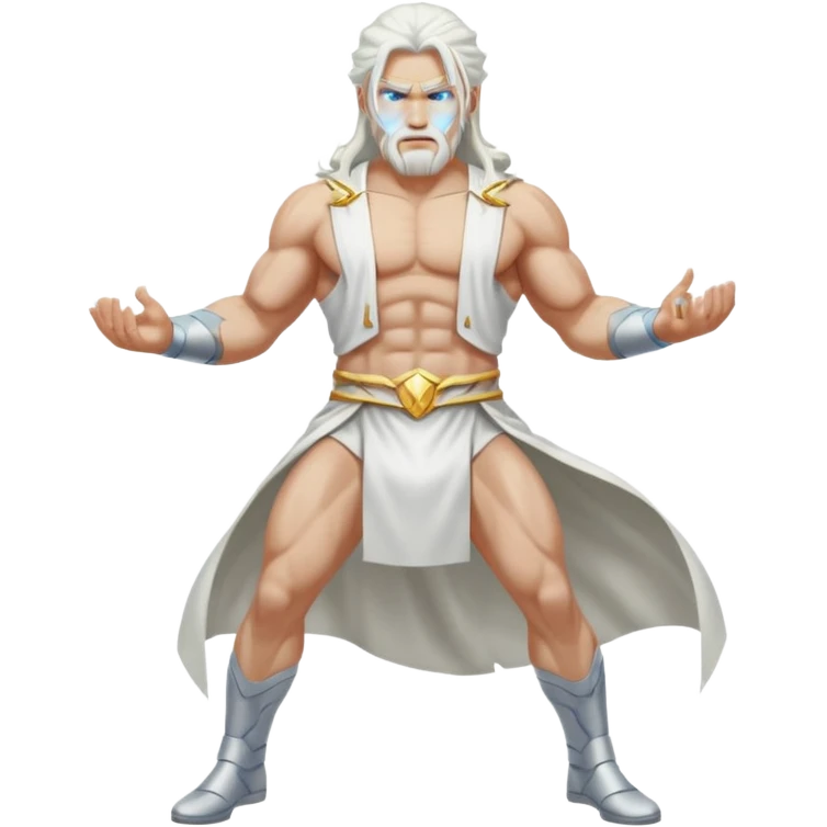 Zeus, whole body, white clothes, long white  hair, lightnings, determined face emoji