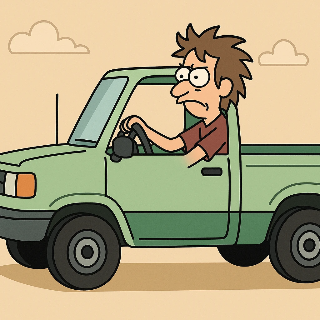 side view of a truck, green and blue colors, flat toon style emoji
