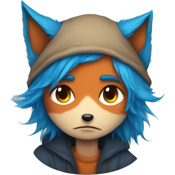 Sad fox being cuddled by blue haired boy in fox mask  emoji