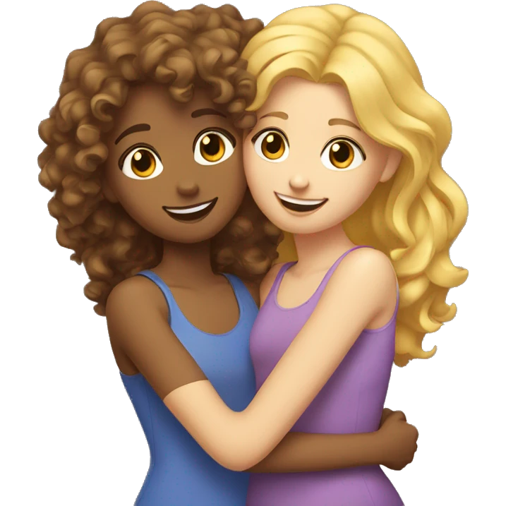 One girl withe brown curly hair hugging another girl with blonde hair emoji