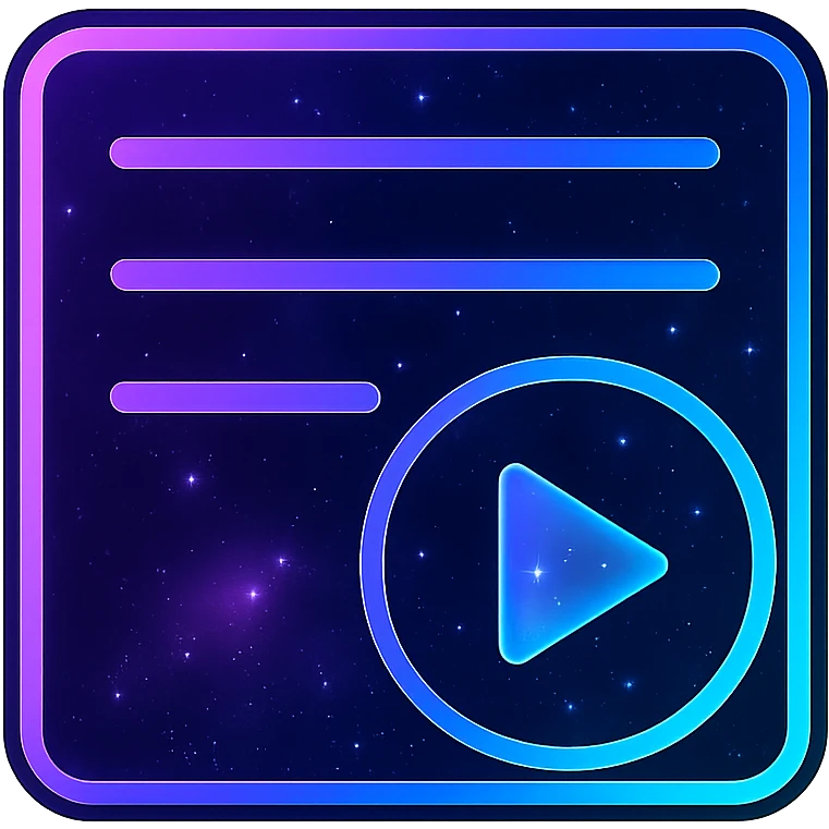 playlists icon, modern clean abstract playlist symbol with neon border and glowing effect, dark purples blues blacks base, nebula gradients, small bright stars, specular highlights, luminous look emoji