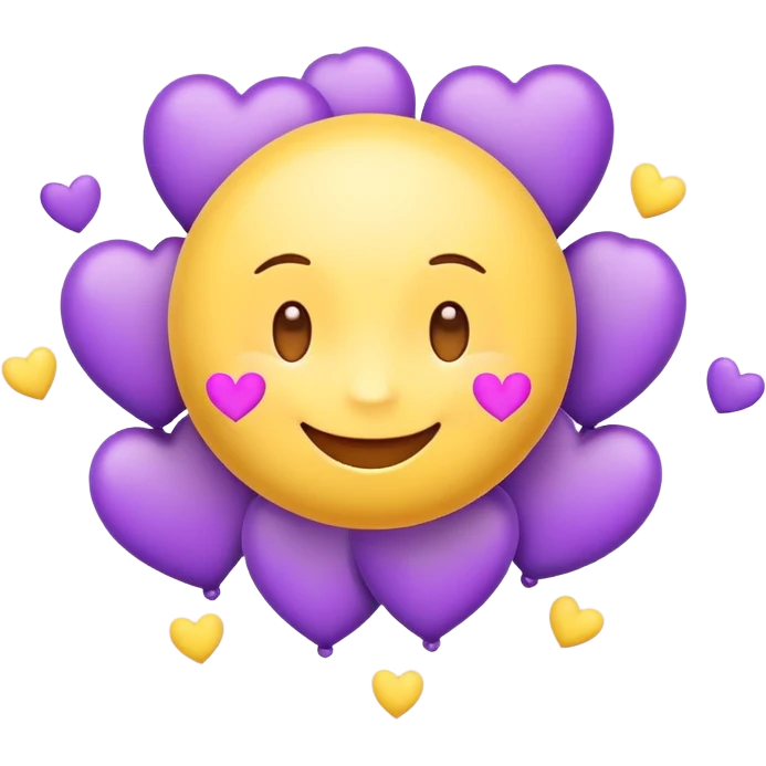 Cute smiling emoji surrounded by floating purple hearts on a soft pastel background." emoji