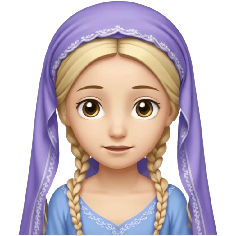 
mujer, Joven, de aspecto dulce y elegante.
Piel clara, ojos grandes y expresivos, sonrisa triste.
Rubio o castaño claro, largo, con trenzas o velo.
Vestido largo de tonos suaves (blanco, azul o lavanda), con bordados dorados; toca fina cubriendo la cabeza
 emoji