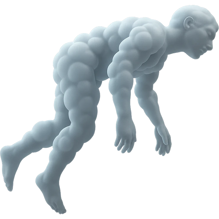 side view of unconscious person flying upwards by torso, legs and arms downwards, made of small very bright white fluffy convex clouds, matte glass style emoji