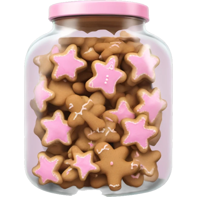 Realistic glass cookie jar with light pink lid full of gingerbread cookies isolated.  emoji