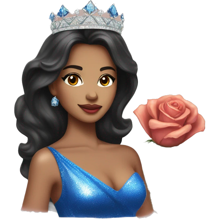 Beauty queen with peach skin, dark hair, wearing a “Miss Massachusetts” sash and wearing a crown and blue sparkly dress holding red roses emoji