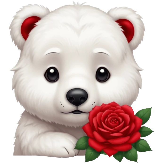 Cute white bear with sad puppy dog eyes holding roses  emoji