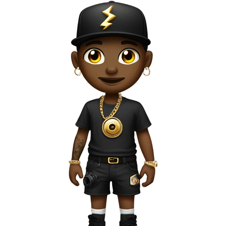 Generate a trendy photographer wearing black short shorts and a black baggy t shirt with a gold chain and a cream SnapBack on  full leg sleeve and arm sleeve tattoos, holding a camera with the flash going off, on a photo production set  emoji