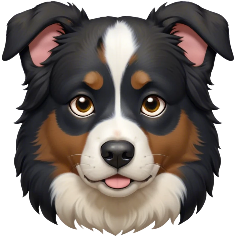 Cinematic Grumpy Black Tri Australian Shepherd Portrait Emoji, Head tilted slightly with a deeply unimpressed expression, thick black fur with bold white and tan markings, large, droopy dark eyes narrowed into an unamused glare, ears drooping in exasperation, Simplified yet comically expressive features, highly detailed, glowing with a dry, sarcastic glow, high shine, effortlessly judgmental yet dignified, stylized with a touch of cynicism, bright but brooding, soft glowing outline, capturing the essence of an eternally unimpressed yet endearing pup, so lifelike it feels like it could sigh heavily at you in disdain at any moment! emoji