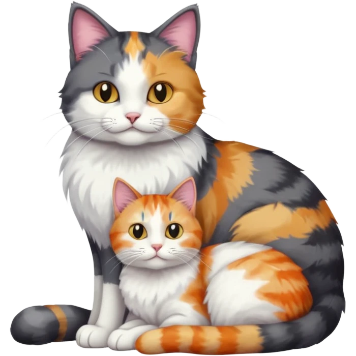 full body large dark grey and white cat cuddling a colourful light patched calico + white tabby cat  emoji