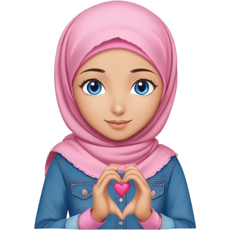 Turkish beautiful finish Konya girl blue eyes with denim and pink hijab islamic dress and making heart with hands and with thank you text emoji